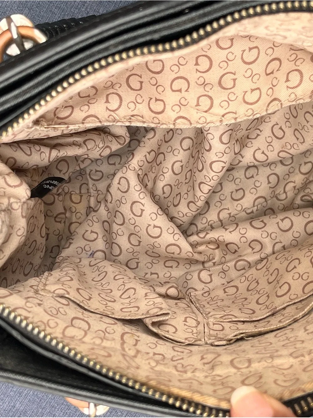 GUESS Beige Monogram Satchel with Black Braided Handles